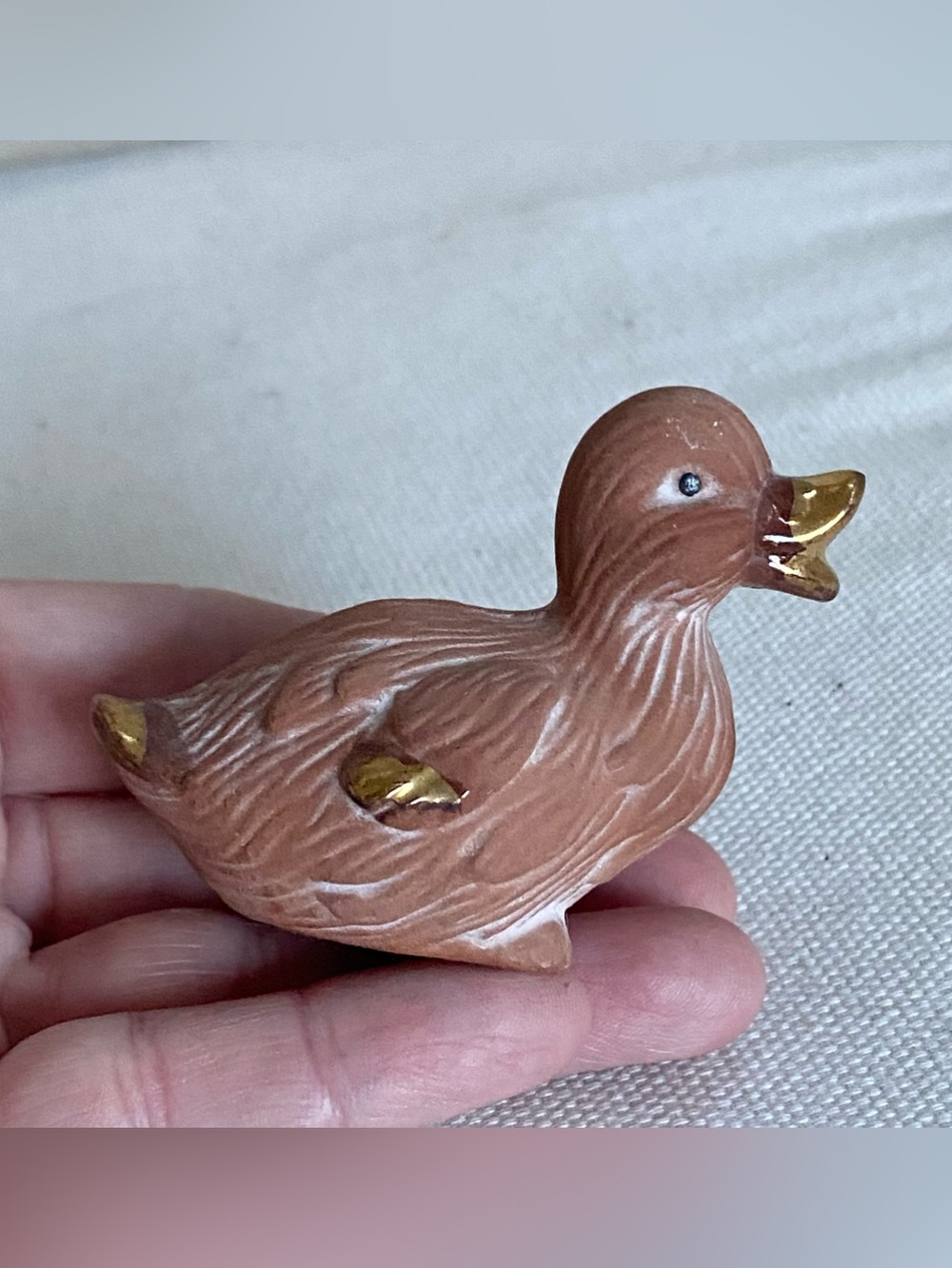 Vintage Terracotta Ceramic Duck Figurine Brown with Gold Trim